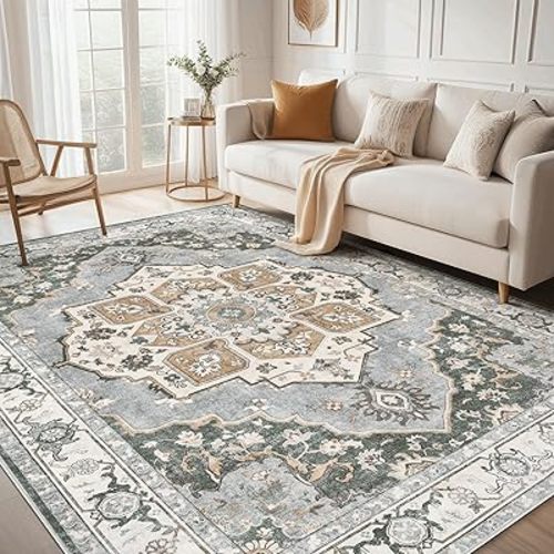 Area Rug for Living Room: 6x9 Washable Vintage Neutral Soft Non Slip Thin Large Floor Carpet for Bedroom Kitchen Dining Room Home Office Farmhouse Indoor - Green