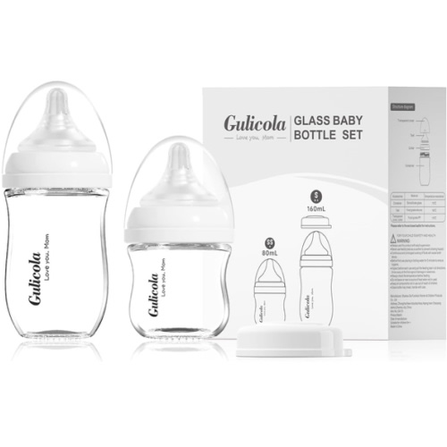 Natural Glass Baby Bottle Newborn Set, 3 oz and 5 oz with Extra Slow Flow & Slow Flow Nipple, Anti Colic, 0-3 Months, 2 Pack - White
