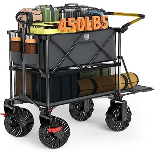 TIMBER RIDGE Push & Pull Double Decker Wagon, 400L Large Capacity Heavy Duty & 450lb Load, Collapsible Cart with All-Terrain Wheels & Brakes, 54” Extended Foldable for Sports, Beach, Camping, Grey