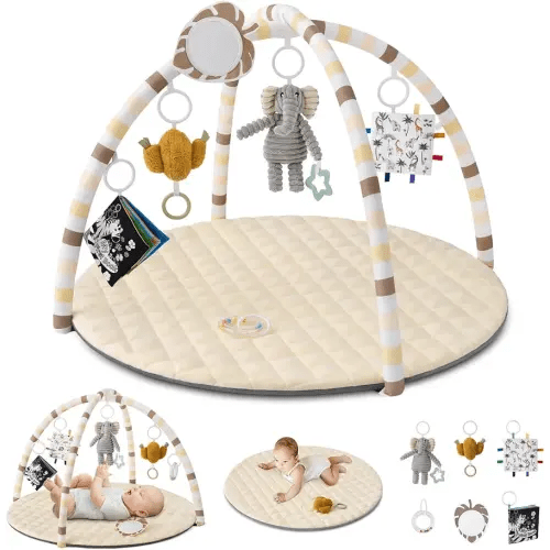 Blissful Diary Baby Play Gym Mat, Tummy Time Activity Mat with 6 Detachable Toys for Stage-Based Sensory & Motor Skill Development, Easy to Install & Clean, Baby Essentials Gift, Sandy Beige