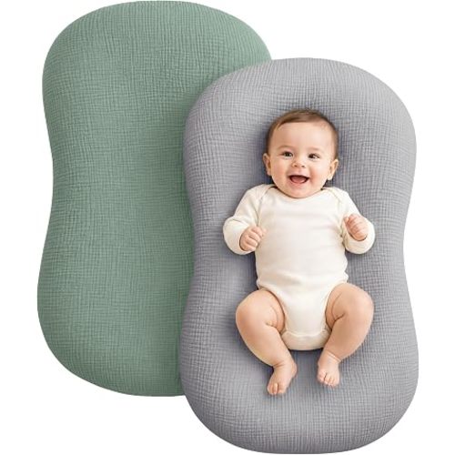 Muslin Baby Lounger Cover 2 Pack, Cotton Soft Breathable Infant Nest Slipcovers, Envelope Closure, Compatible with Snuggle MeLoungers, Machine Washable, Cover Only, for Boys Girls(Gray & Green)