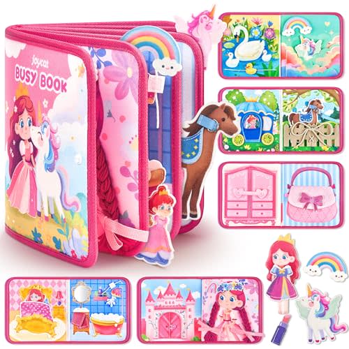 JoyCat Travel Toys for Toddlers 1-3, Princess Busy Book – Busy Book for 1 Year Old, Dress-Up, Unicorn & Castle Play –Quiet Toy Fine Motor Skills, Birthday Gift Girls