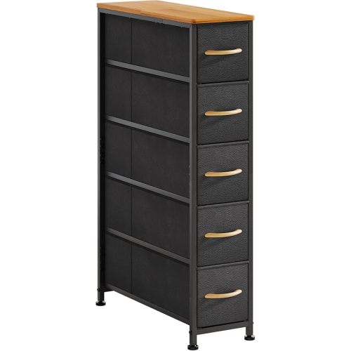 Narrow Dresser Storage Tower with 5 Drawers, Slim Dresser Chest of Drawers with Steel Frame, Wood Top, Dresser for Bedroom, Bathroom, Small Spaces, Laundry, Closet, Black