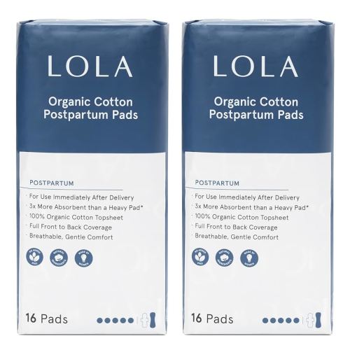 LOLA Organic Cotton Postpartum Pads - 32 Count, Ultra Absorbent and Extra Long Pads, Overnight and Full Coverage, Adult Incontinence Pad for Women, Postpartum Essentials
