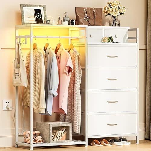 KKL 43" W White Dresser for Bedroom with Hanging Rack, Reversible 6 Drawers Dresser with Led Lights & Charging Station, Fabric Closet Dressers & Chest of Drawers with Clothes Rack for Girls, Kids