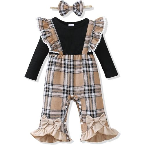 Renotemy Newborn Baby Girl Clothes Fall Winter Outfit Ribbed Romper Plaid Overalls Jumpsuit Infant Girl Outfits 0-18 Months