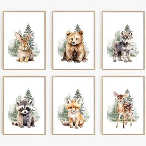 Woodland Animal Wall Art Nursery Baby Canvas Wall Decor Forest Animal Poster Kids Boy Wall Art Watercolor Safari Prints Jungle Animal Pictures Wildlife Bear Artwork for Bedroom 12x16x6 Inch Unframed