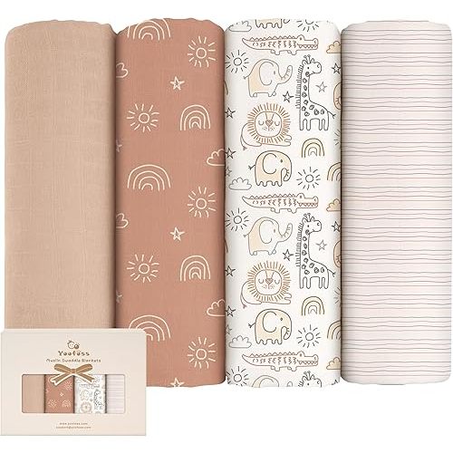 Yoofoss Muslin Swaddle Blankets, 4-Pack Receiving Blankets for Baby Boys and Girls, 47 x 47 Inches Baby Blankets Neutral Swaddle Wrap 70% Rayon from Bamboo and 30% Cotton