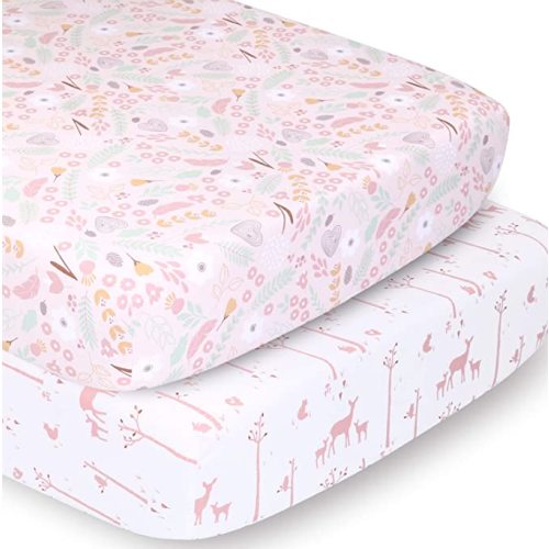 The Peanutshell Crib Sheet Set for Baby Girls | Pink Floral and Woodland Animals | 2 Pack Set