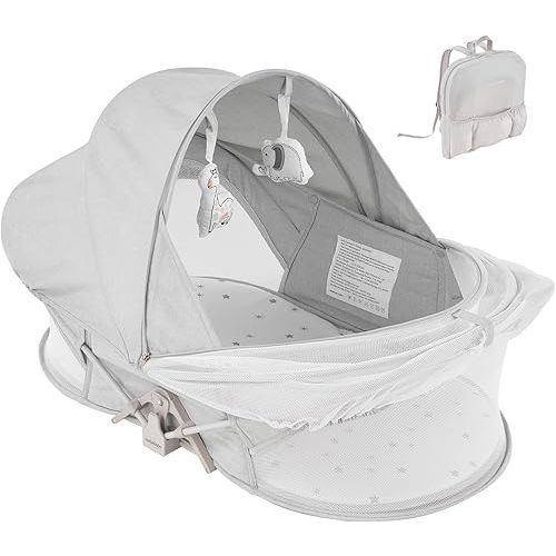 Portable Bassinet for 0-6M Baby Travel Bassinet, Baby Cribs Travel Pod for Outdoors Baby Lounger,Co Sleeper for Baby in bed with Mosquito Net and Sunshade Canopy, Lightweight Washable (Gray)