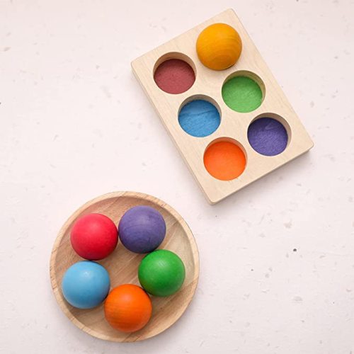 ibwaae Wooden Color Sorting Balls Game Peg Board Rainbow Color Matching Toys 6 Pcs Activities Balls Montessori Toys for Toddlers - 6pcs
