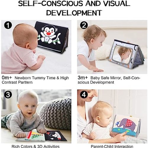 Baby Mirror Toys for Tummy Time,Newborn,Infant 0-3-4-6-12 Months Old Gift,Boy/Girl Brain Developmental Montessori Sensory Crinkle Black and White Book.Essential Activity Safe Mirror for Floor,Crib,Car