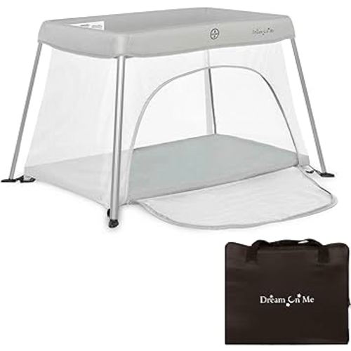Dream On Me Travel Light Baby Playard with Zipper Access Door, Breathable Mesh Sides with Soft Comfortable Mattress, Easy Fold Design with Travel Carry Bag, Compact Space Saving Design - Grey