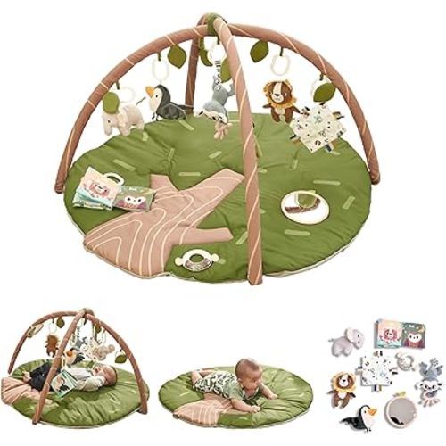 Baby Play Gym Mat - Jungle Safari Activity Mat with 8 Detachable Toys for Sensory Development - Thick, Oversized, Washable and Non-Slip Bottom Playmat - Perfect Tummy Time Mat for Baby