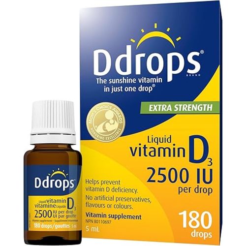 Ddrops Adults 2500IU Liquid Vitamin D3 Drops, 180 drops. Extra Strength. No Large Capsules, No Preservatives, Non-GMO, Allergy-friendly