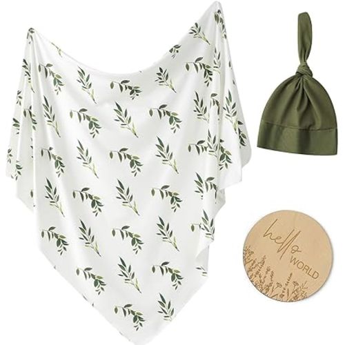Little Jump Swaddle Blanket and Hat Set, Olive Branches Jersey Cotton Swaddle Hat Set Receiving Blanket for Boys Girls(Green)