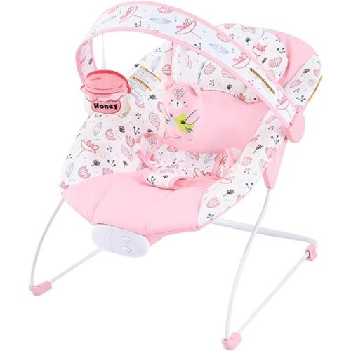 Baby Bouncer, Infants Bouncy Seat with Music and Vibrations,Baby Rocker with Hanging Rattles Bear & Honey Pot for Newborns Indoor Outdoor Use 0-6 Months Up to 20 lbs