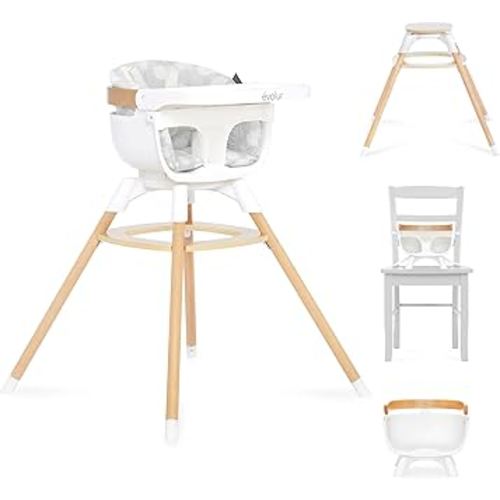 Evolur Ann Beechwood 4-in-1 Highchair | 360 Seat Rotation | Booster seat | Floor Chair | Bar Stool Chair | 5 Point Safety Harness | Grey