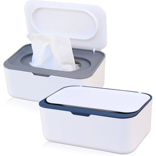 Beieverluck 2 Pack Baby Wipes Dispenser Wipe Holder with Lids Refillable Wipe Container Case for Bathroom Travel Wipe Holder Keeps Wipes Fresh (Grey and Blue)