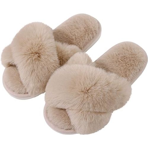 Evshine Women's Fuzzy Slippers Cross Band Memory Foam House Slippers Open Toe