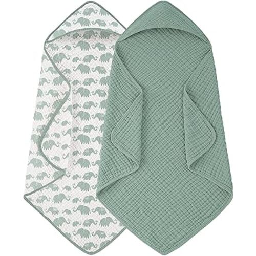 Looxii Baby Bath Towels 2 Pack Muslin Hooded Baby Towels for Newborn and Infants, 100% Cotton, Large 32x32Inch, Soft and Absorbent