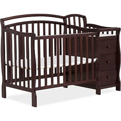 Dream On Me Casco 3-In-1 Mini Crib And Changing Table In Espresso, Convertible Crib, Made Of Pinewood, Three Position Adjustable Mattress Height Settings