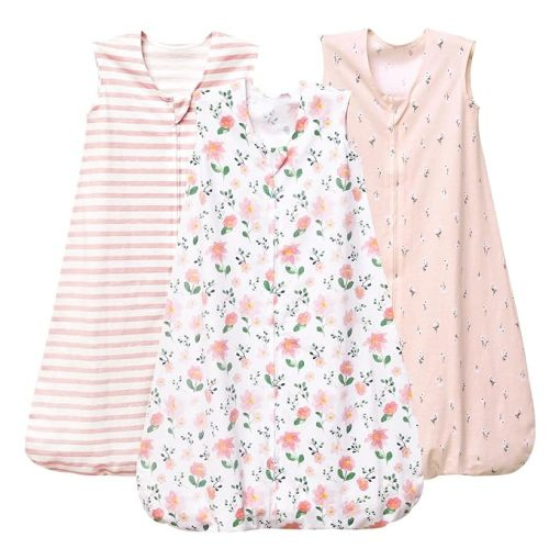 PHF Baby Sleep Sack 0-6 Months 3 Pack 100% Cotton Baby Wearable Blanket, 2-Way Zipper 0.5 TOG Toddler Sleeping Sack, Comfy Sleep Bag for Baby Girls, Pink Floral (Small)