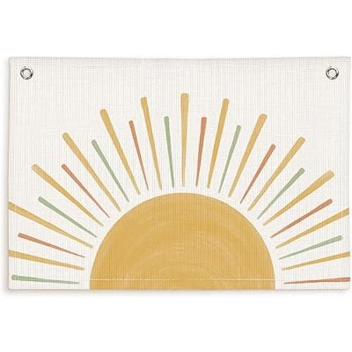 Sunshine Boho Nursery Decor Linen Hanging Banner Flags,Neutral Wall Decor Sun Sign,Gift for Kids Room Bedroom Playroom Birthday Christmas Gift 30x20 Inch