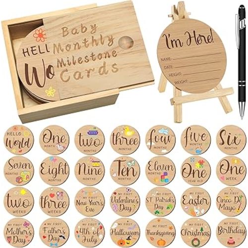 Wesiti 31 Pcs Wooden Baby Monthly Milestone Cards Double Sided Hello World Milestone Discs Pregnancy Journey Birth Announcement Sign Baby Boy and Girl Sets (Novel)