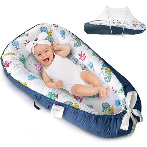 PIERRI Baby Lounger for Newborn with Detachable Mosquito Net Toddler Floor Lounger Baby Reversible Infant Lounger Baby Lounger for Newborn Ultra-Soft Cotton Baby Double-Sided nest Lounger