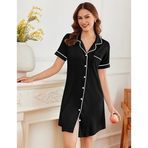 Ekouaer Nightgowns for Women Button Down Sleepshirt - Black - XL