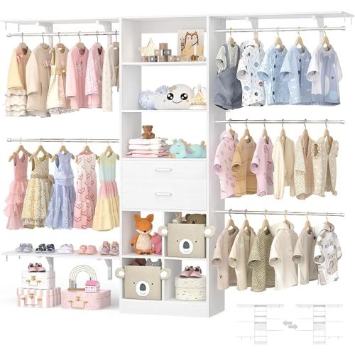 Closet System - 4.75-8FT Closet Organizer System with Wooden Drawers & Cube Storage Organizer, Up To 96" Closet Systems for Nursery & Walk-In Closets with Cuttable Hanging Shelving, White