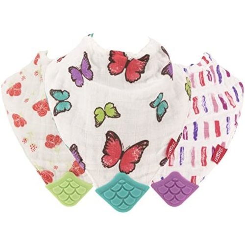 Nuby Reversible 100% Natural Cotton Muslin 3 Piece Teething Bib, Pink, Aqua, Purple, Flower, Butterfly, Stripes, Girl, 3 Count