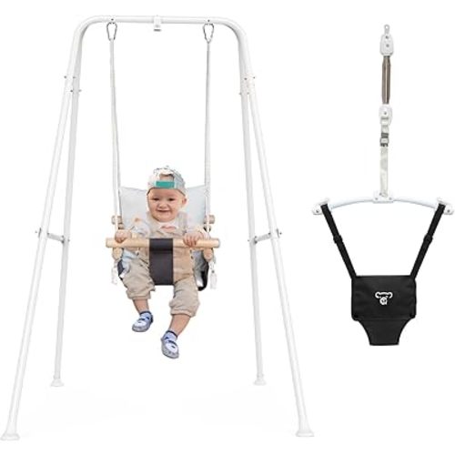 2 in 1 Baby Jumper with Toddler Swing, Baby Jumpers and Bouncers,Indoor Outdoor Toddler Swing Set, Cotton, White
