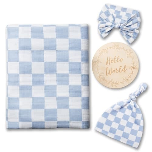 Miaoberry Checkered Muslin Swaddle Set, 100% Organic Cotton, Mist Blue,Checkerboard, Gender-Neutral, with Matching Bow, hat and Wooden Baby Arrival/Announcement Card