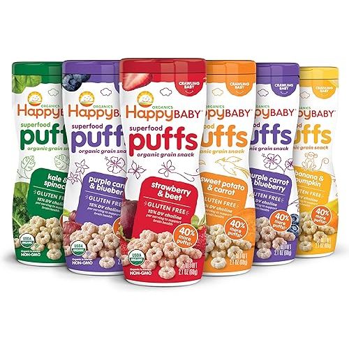 Happy Baby Organics Superfood Puffs, Variety Pack, 2.1 Ounce, Pack of 6 (Flavors may Vary)