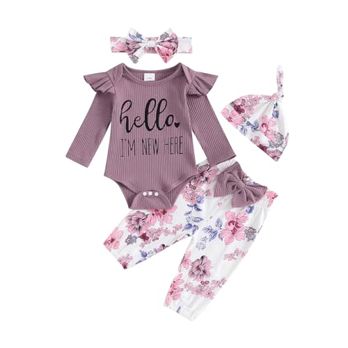 Hello World Newborn Outfit Baby Girl Going Home Outfit Ruffle Ribbed Romper Top Floral Pants Set Cute Summer Clothes