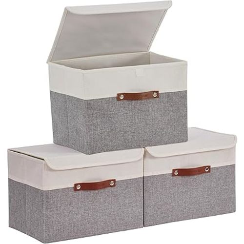 DECOMOMO Fabric Storage Bins with Lid, Storage Baskets for Shelves Toy Box (Grey and White, 3 Pack)