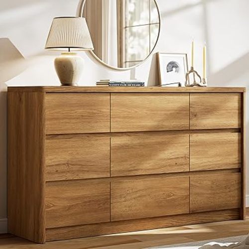Oak Dresser for Bedroom, 55" Wide Mid Century Modern Chest of Drawers with 9 Large Storage Space and Curved Edge Design, 9 Drawer Large Dresser for Bedroom