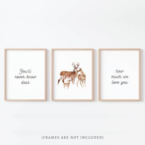 You’ll Never Know Dear How Much We Love You Deer Family Watercolor 3 Art Print Set for Woodland Nursery