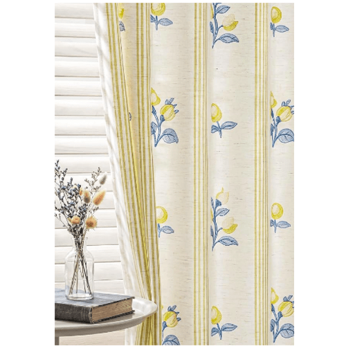 Pinch Pleated Vintage Floral Linen Curtains, Yellow Flower Block Print Patterned, Light Filtering Memory Trained Farmhouse Drapes for Living Room Bedroom Dining, 108 Inch Length, 2 Panels