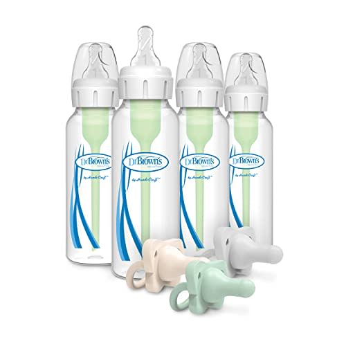 Dr. Brown’s Anti-Colic Options+ Baby Bottles, Narrow, 8oz, 4 Pack and HappyPaci 100% Silicone Pacifier 0-6m, BPA Free, Green, Ecru, Cool Gray 3-Pack