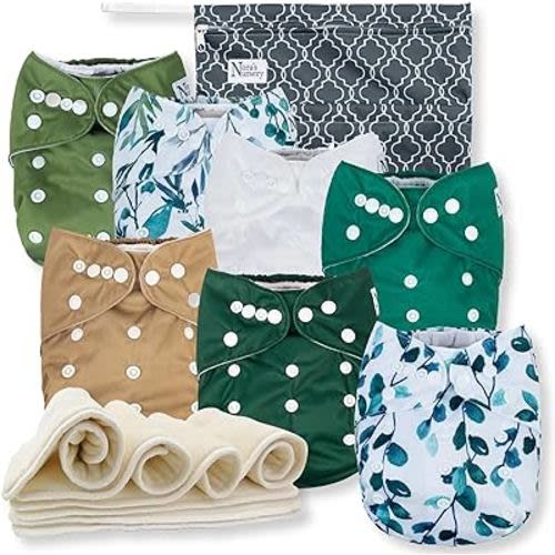 Nora's Nursery Morning Dew Cloth Diapers 7 Pack with 7 Inserts & 1 Wet Bag - Waterproof Cover, Washable, Reusable & One Size Adjustable Pocket Diapers for Newborns and Toddlers - Sage and Sea