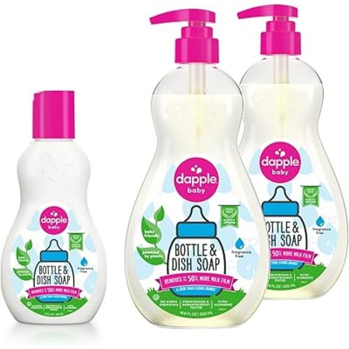 Dish Bundle by Dapple Baby Includes Baby Bottle & Dish Liquid by Dapple Baby Travel Size 3 Fl Oz, and 16.9 Fl Oz Bottle, 2 ct., Fragrance-Free - Plant-Based - Hypoallergenic