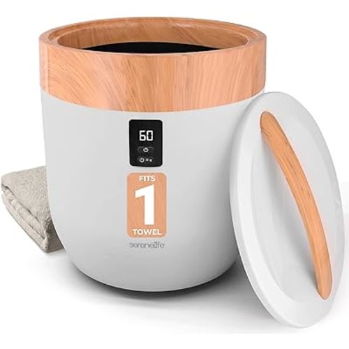 SereneLife Counter Towel Warmer Bucket - with Customized Fragrance for Spa and Bathroom, Luxury Heater, Auto Shut Off, Fits 1 Large Blanket, Bathrobe, PJs (Wood)