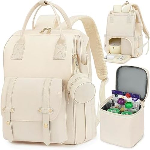 Breast Pump Backpack & Diaper Bag with Cooler, Fits Spectra S1 S2 Medela, Pumping Bag for Work, Fits 15.6" Laptop, 15 Pockets, Reinforced Zippers, Pacifier Case, Stroller Straps, White