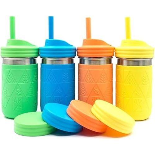 Elk and Friends Stainless Steel Cups |14 oz Mason Jar design | Kids & Toddler Cups with Silicone Sleeves & Straws with Stopper | Smoothie Cups | Dishwasher Safe | Green/Blue/Orange/Yellow, 4 Cups