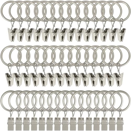 44 Pack Matte Silver Curtain Rings with Clips, Curtain Hooks Hangers Clip Rings for Hanging Drapes Bows Hat, Drapery Rings 1 in I D, Fits up to 5/8 in Diameter Curtain Rod.