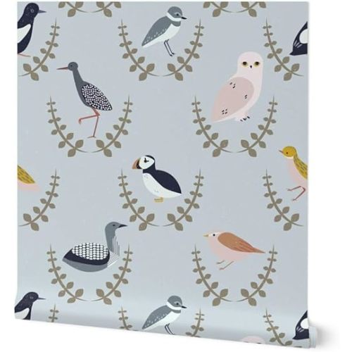 Removable Wallpaper 6ft x 2ft - Birds Scandinavia Scandinavian Scandi Art Puffin Owl Gender Neutral Baby Arctic Custom Pre-Pasted Wallpaper by Spoonflower