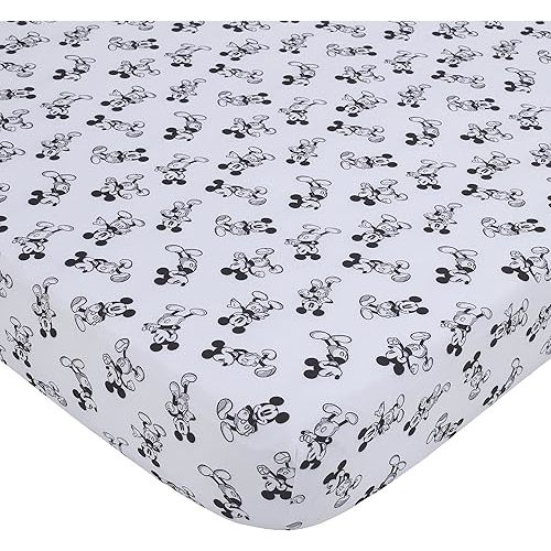 NoJo Disney Mickey Mouse - Timeless Mickey White & Black Polyester Fitted Crib Sheet, Black, White
